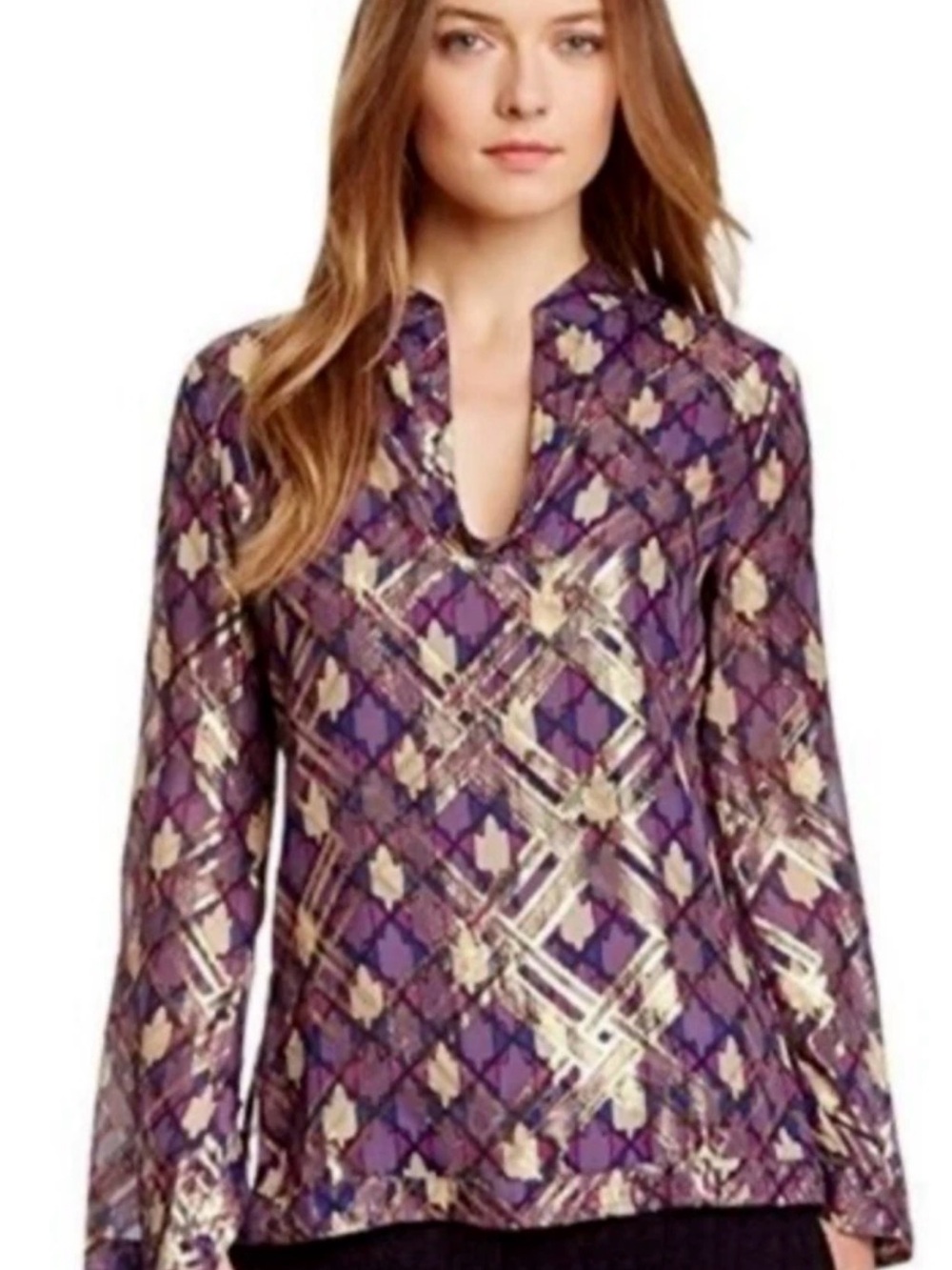 Tory Burch "Stephanie" Purple Silk Metallic Gold Lame Plaid Tunic Blouse Size 8